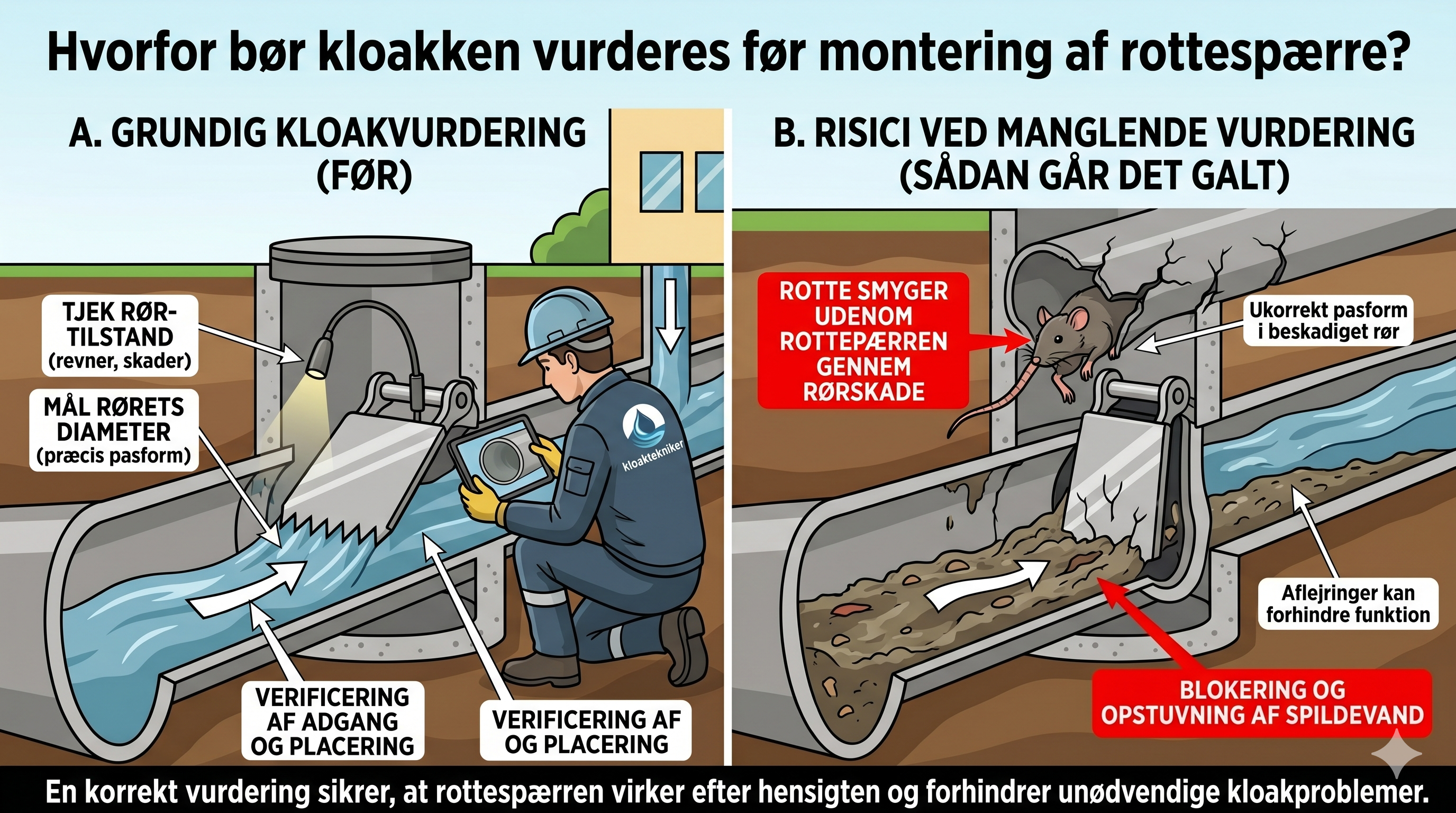 Rottespærre monteret i kloakrør